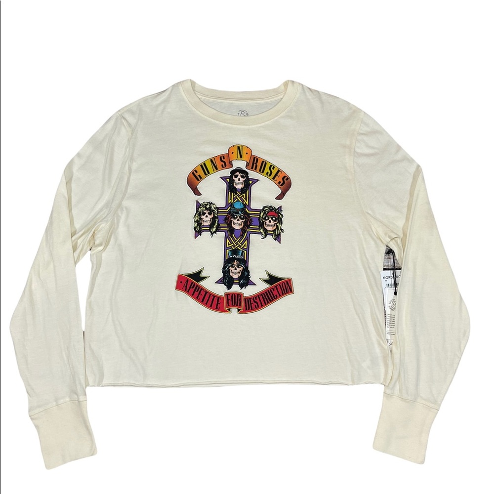 ⚡️SOLD⚡️ Guns N' Roses Band Long Sleeve Crop Tee Ivory Skull Graphic Shirt NEW - Picture 3 of 16